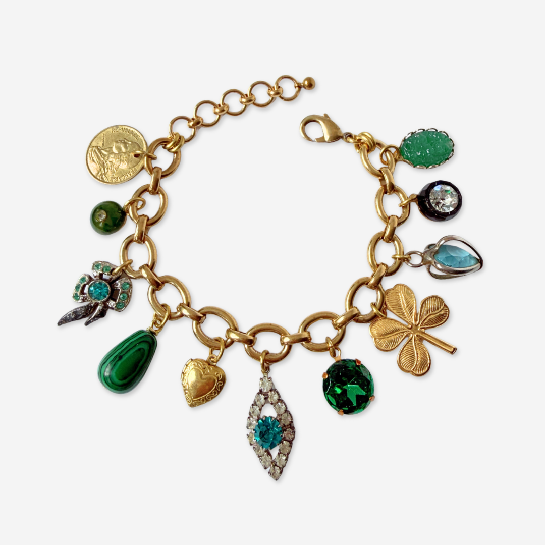Chunky Refashioned Vintage green and turquoise mixed charm bracelet