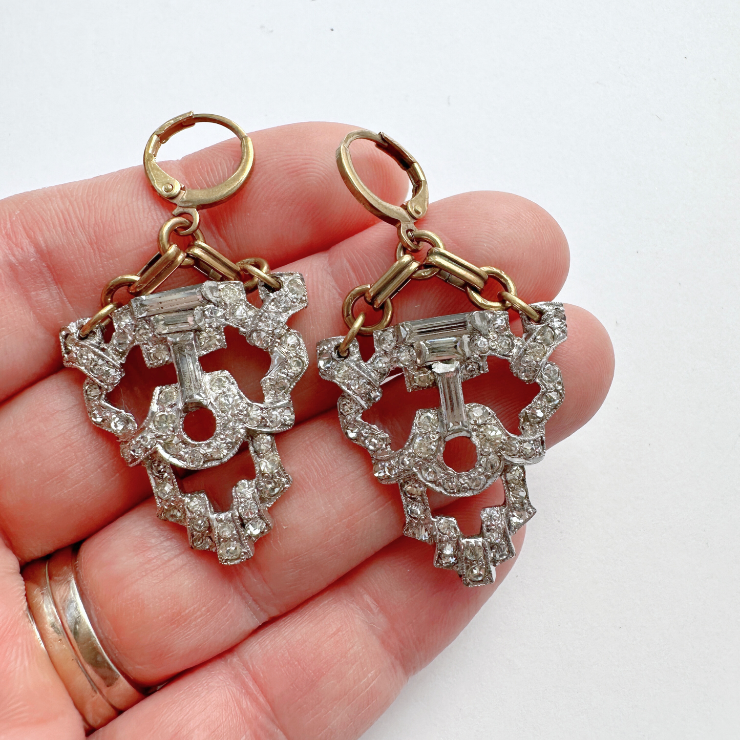 Vintage Art Deco silver and rhinestone earrings with brass leverback clasps