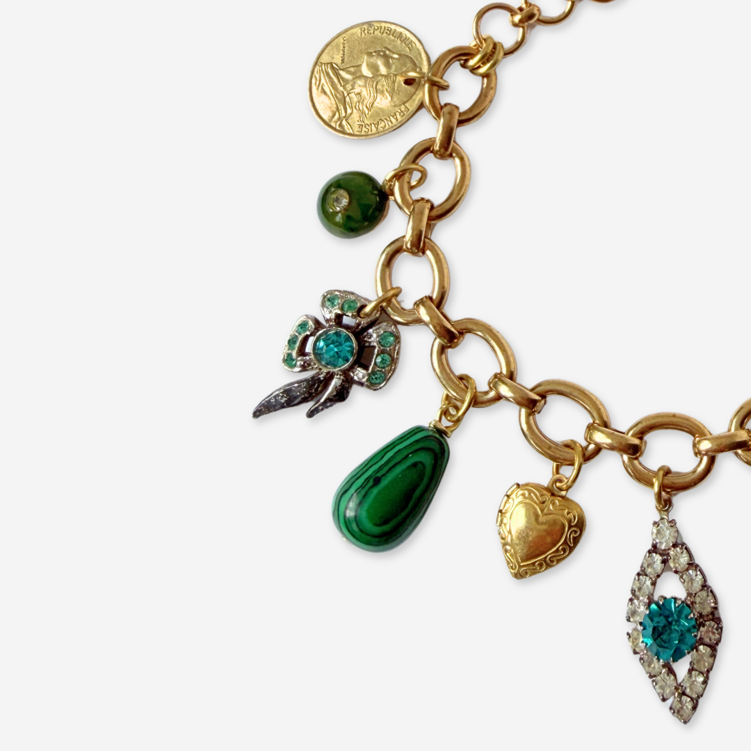 Chunky Refashioned Vintage green and turquoise mixed charm bracelet