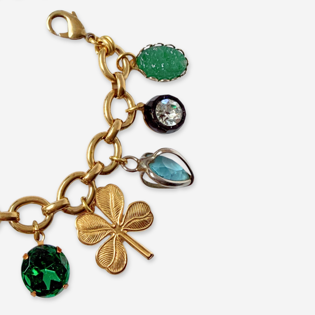Chunky Refashioned Vintage green and turquoise mixed charm bracelet