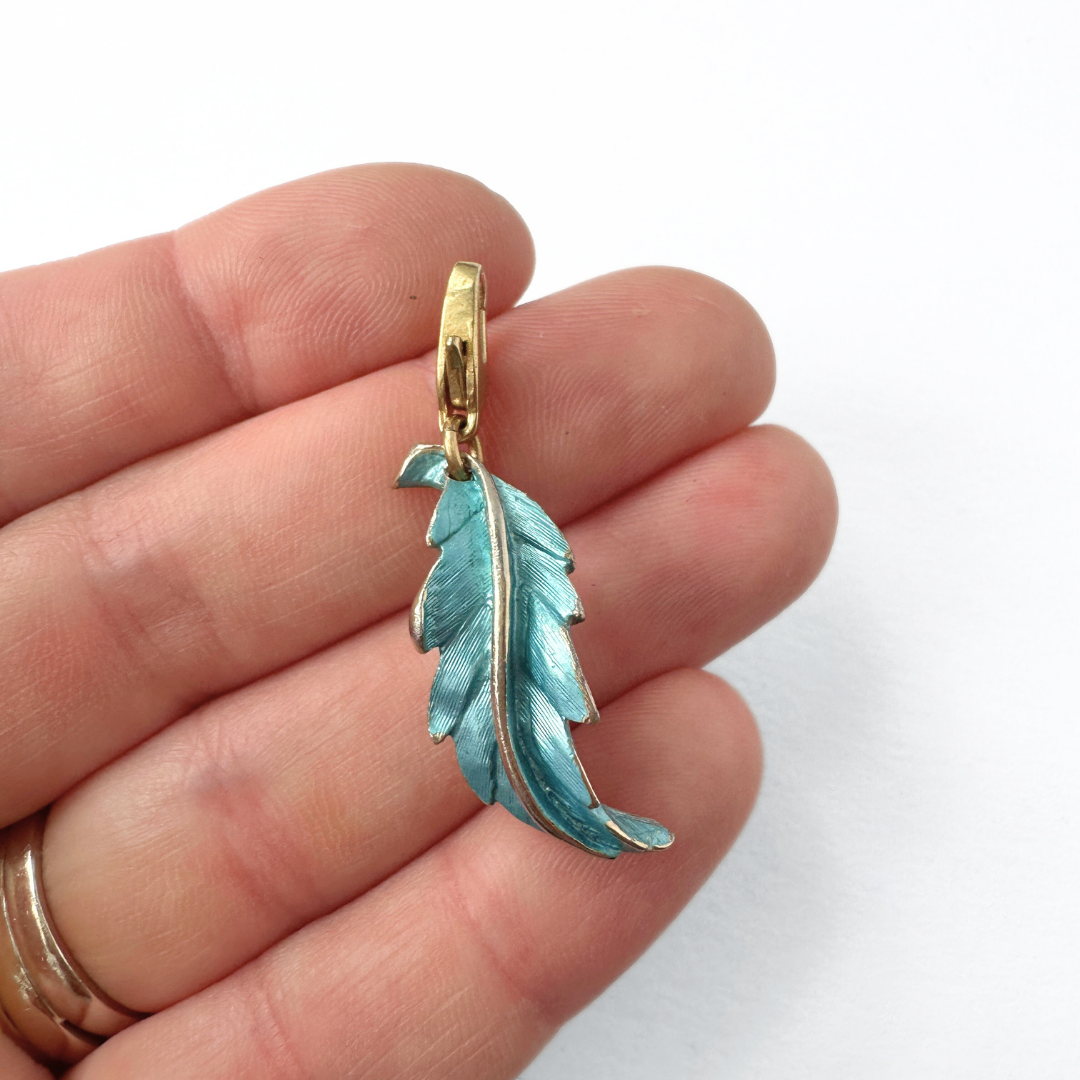 Vintage blue enamel feather or leaf charm