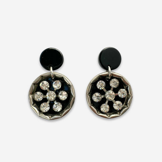 Refashioned vintage black and silver rhinestone button earrings