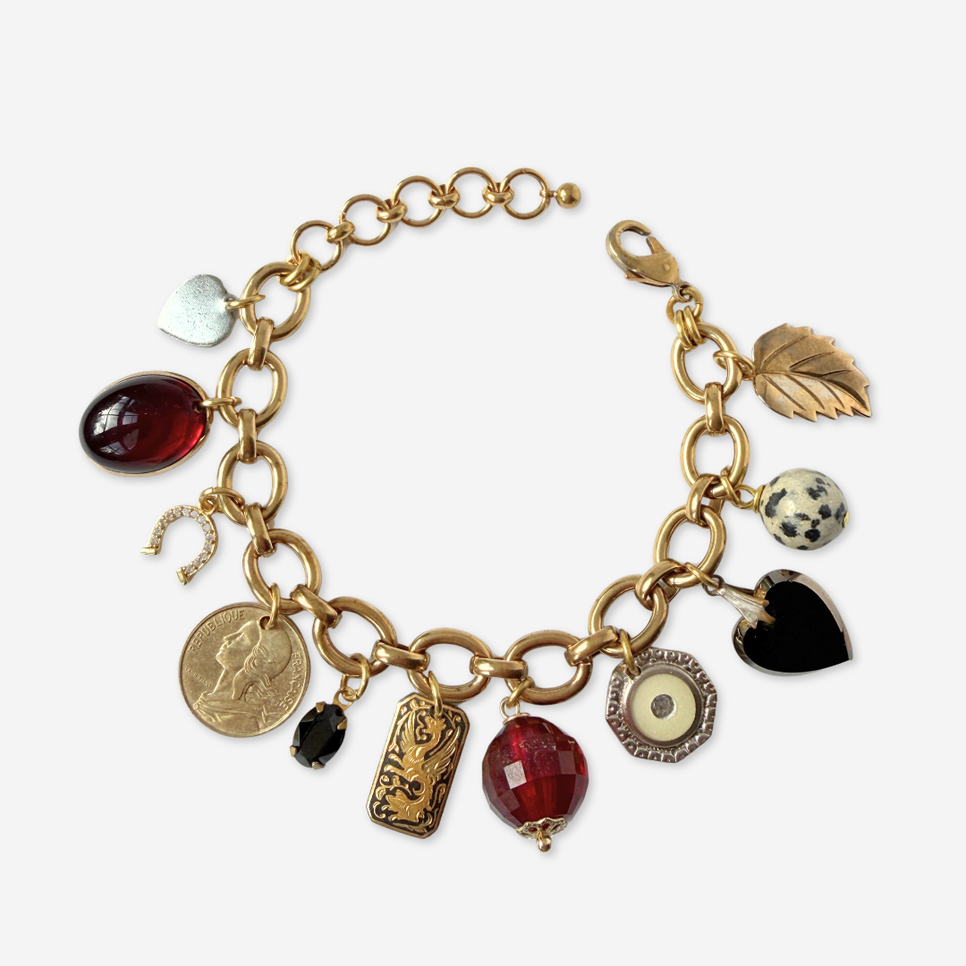 Chunky Repurposed vintage mixed charm bracelet: black and red
