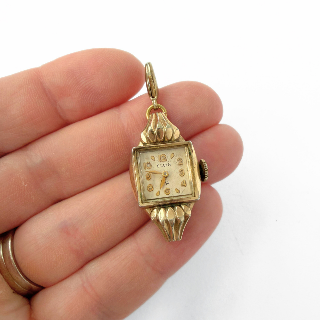 Vintage gold tone  "Elgin" watch face charm