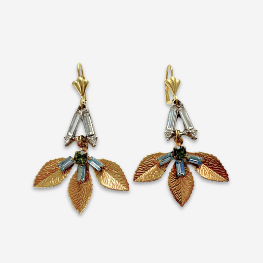 Refashioned vintage olive, ice blue, and clear rhinestone brass leaf earrings