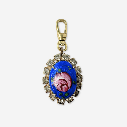 Vintage hand painted royal blue and rhinestone oval floral charm