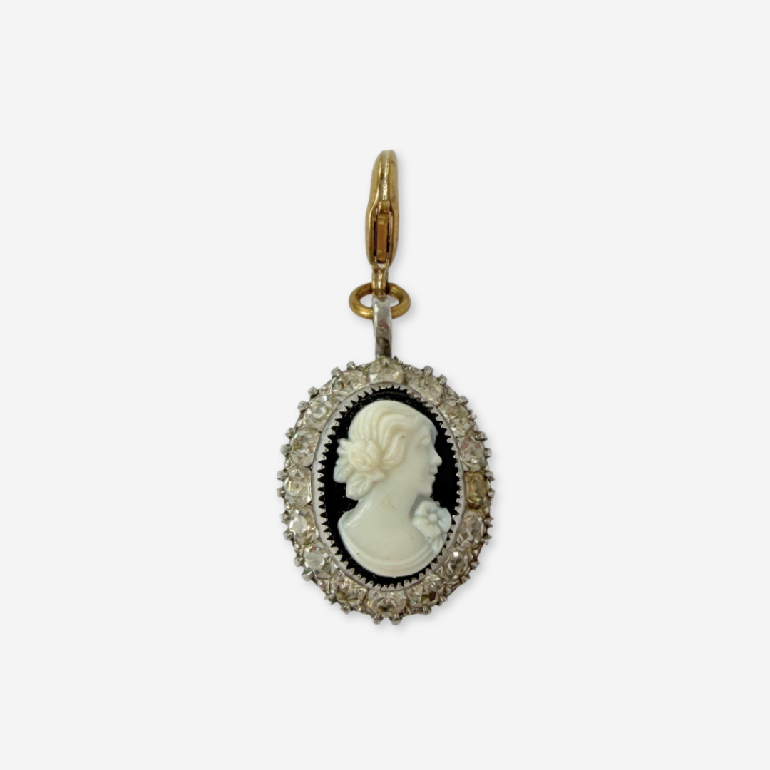 Vintage black and white cameo charm with silver rhinestone setting