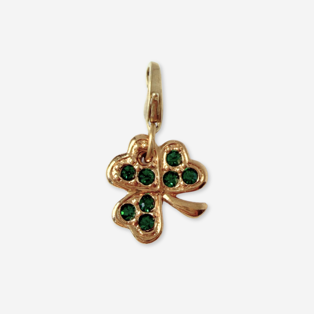 Vintage small gold and green rhinestone four leaf clover charm