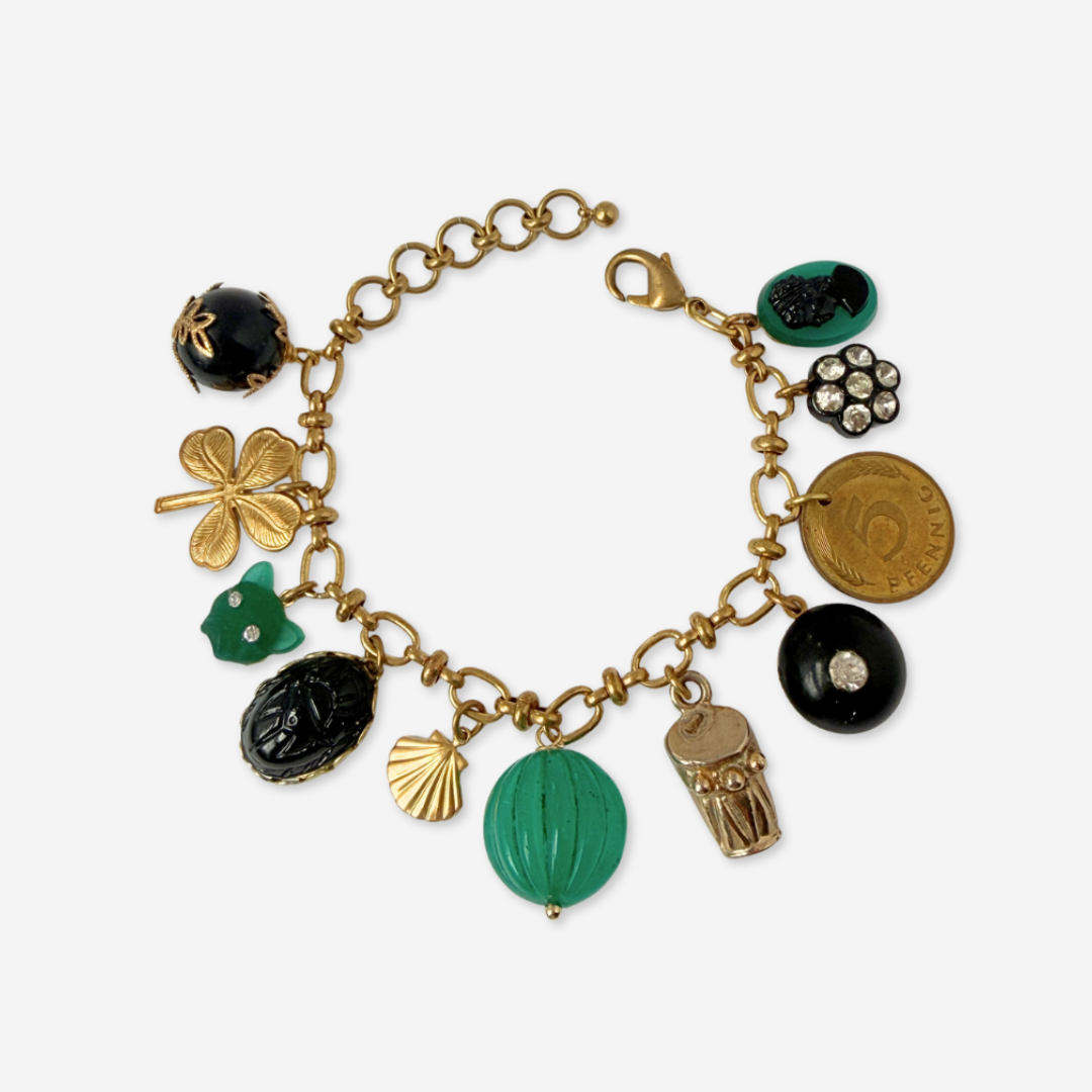 Repurposed vintage mixed charm bracelet: green/ black