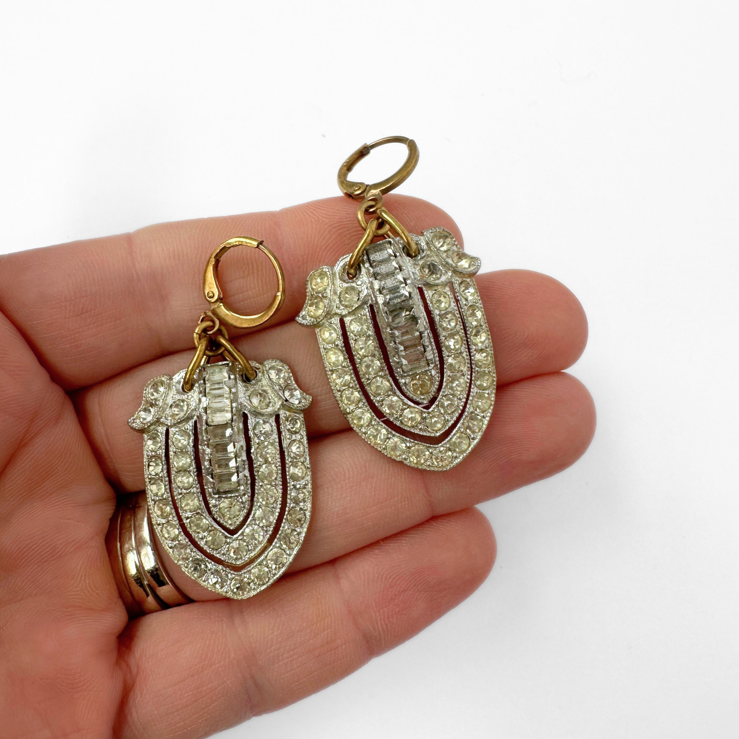 Large Vintage Art Deco silver and rhinestone earrings with brass leverback clasps