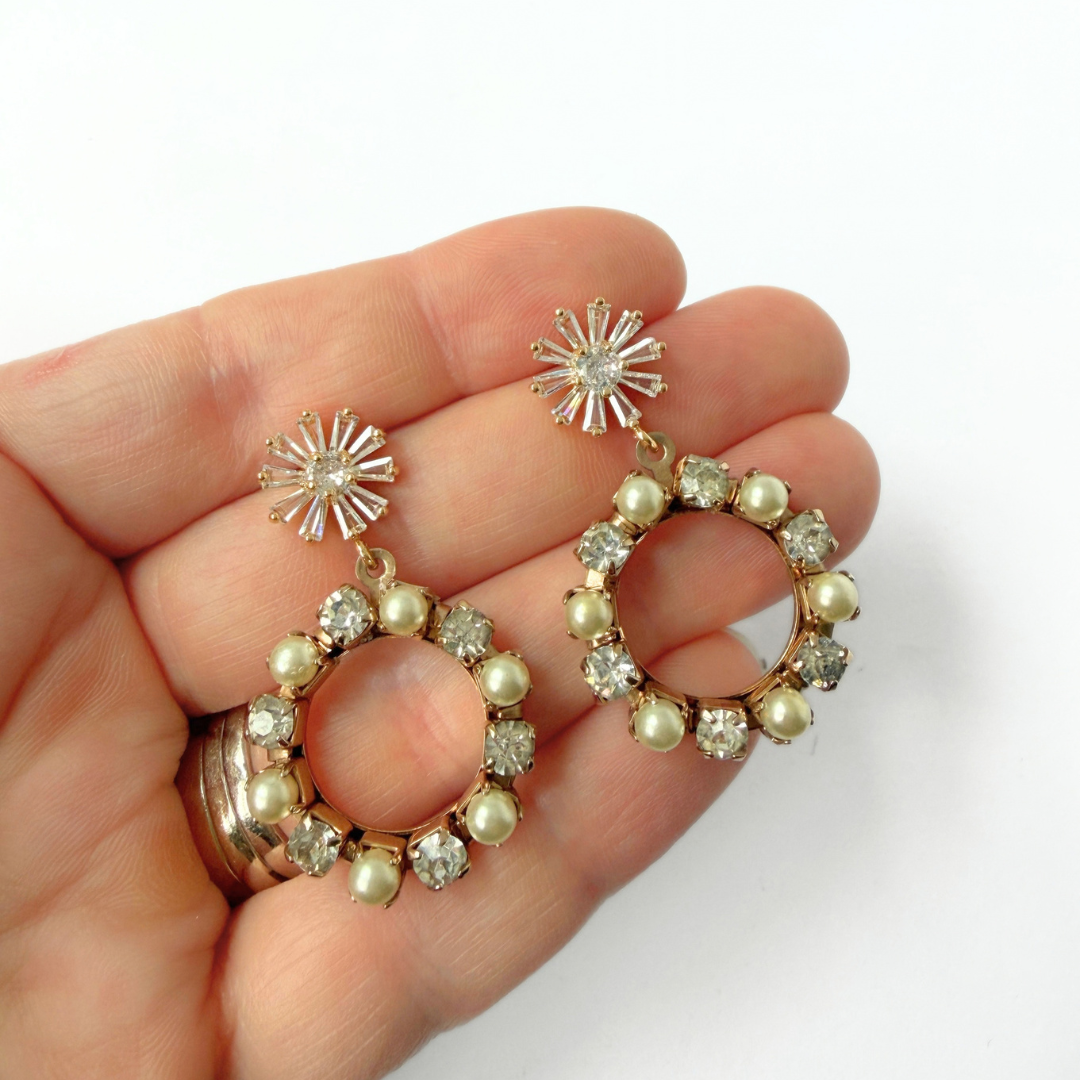 Refashioned vintage pearl and clear rhinestone hoop earrings