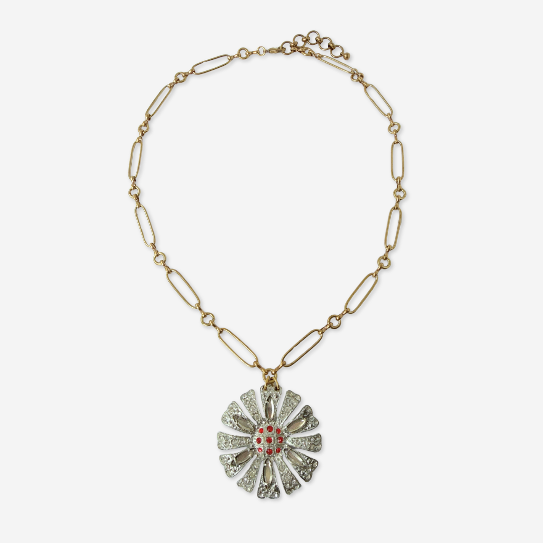 Vintage clear and red rhinestone flower pendant with brass chain