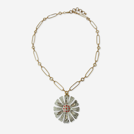 Vintage clear and red rhinestone flower pendant with brass chain