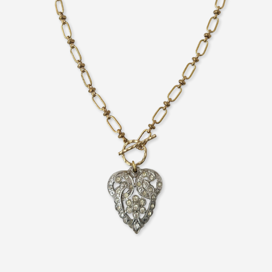 Vintage art deco rhinestone pendant with brass chain and toggle clasp