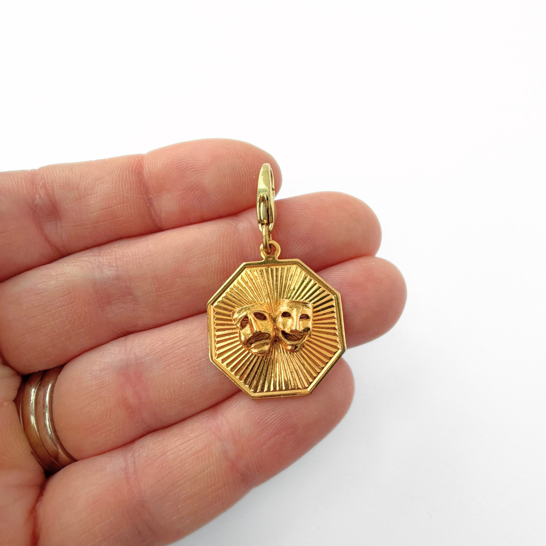 Vintage gold comedy and tragedy mask octagonal charm