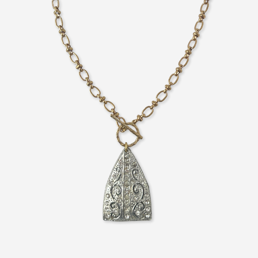 Vintage art deco rhinestone pendant with brass chain and toggle clasp