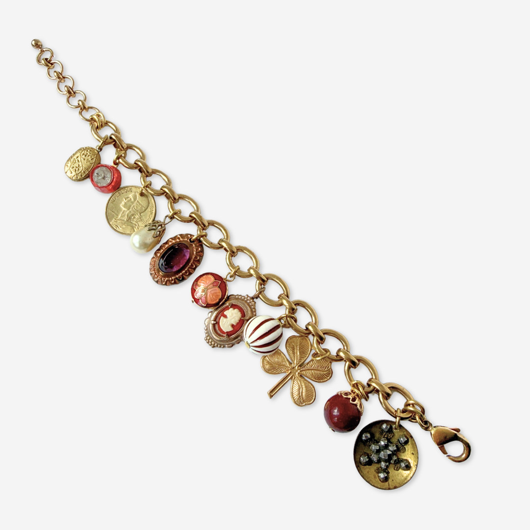 Chunky Repurposed vintage mixed charm bracelet: burgundy