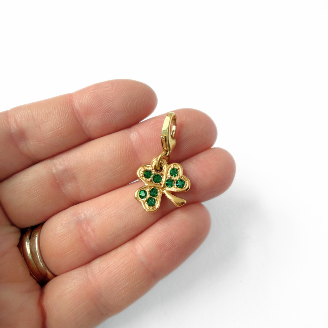Vintage small gold and green rhinestone four leaf clover charm