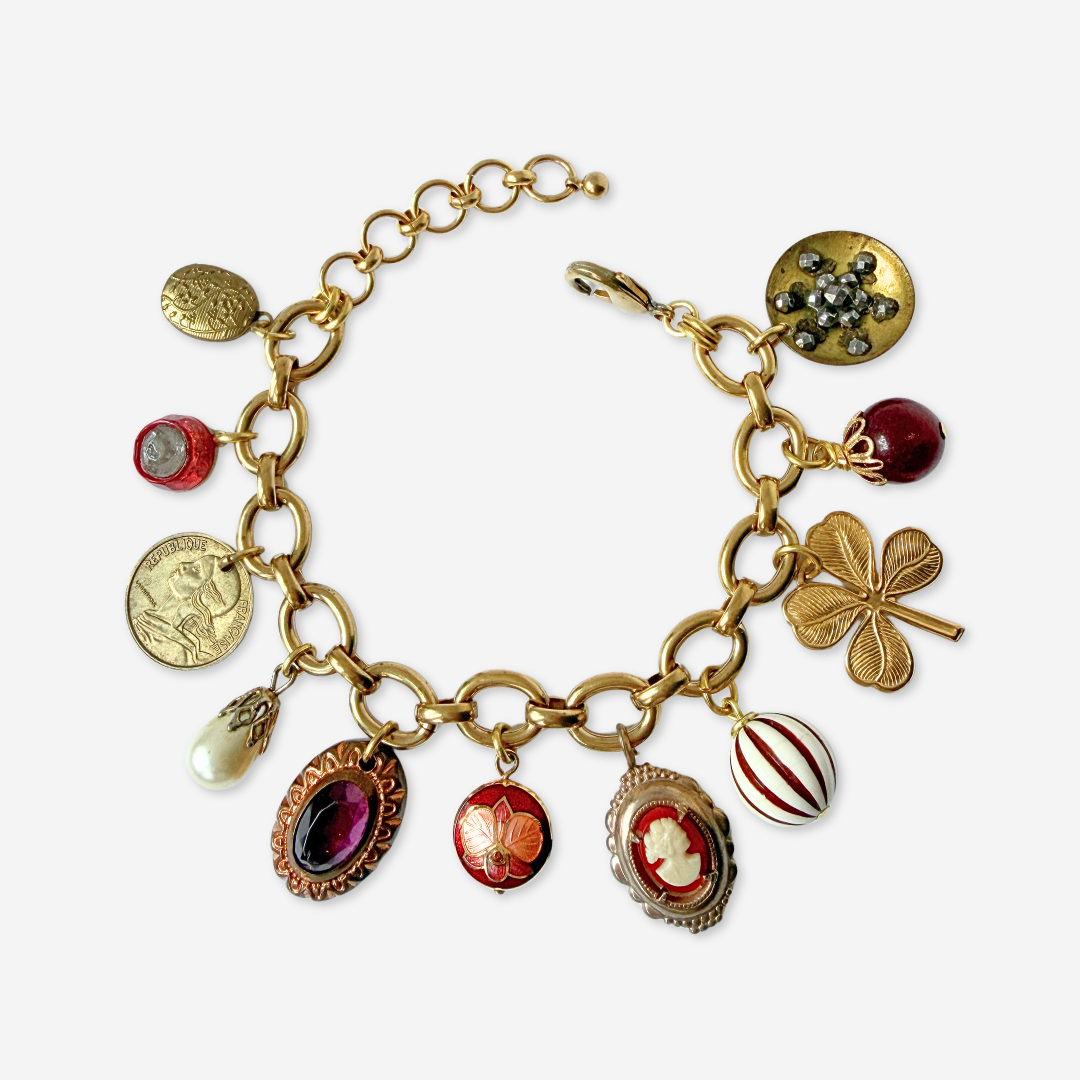 Chunky Repurposed vintage mixed charm bracelet: burgundy