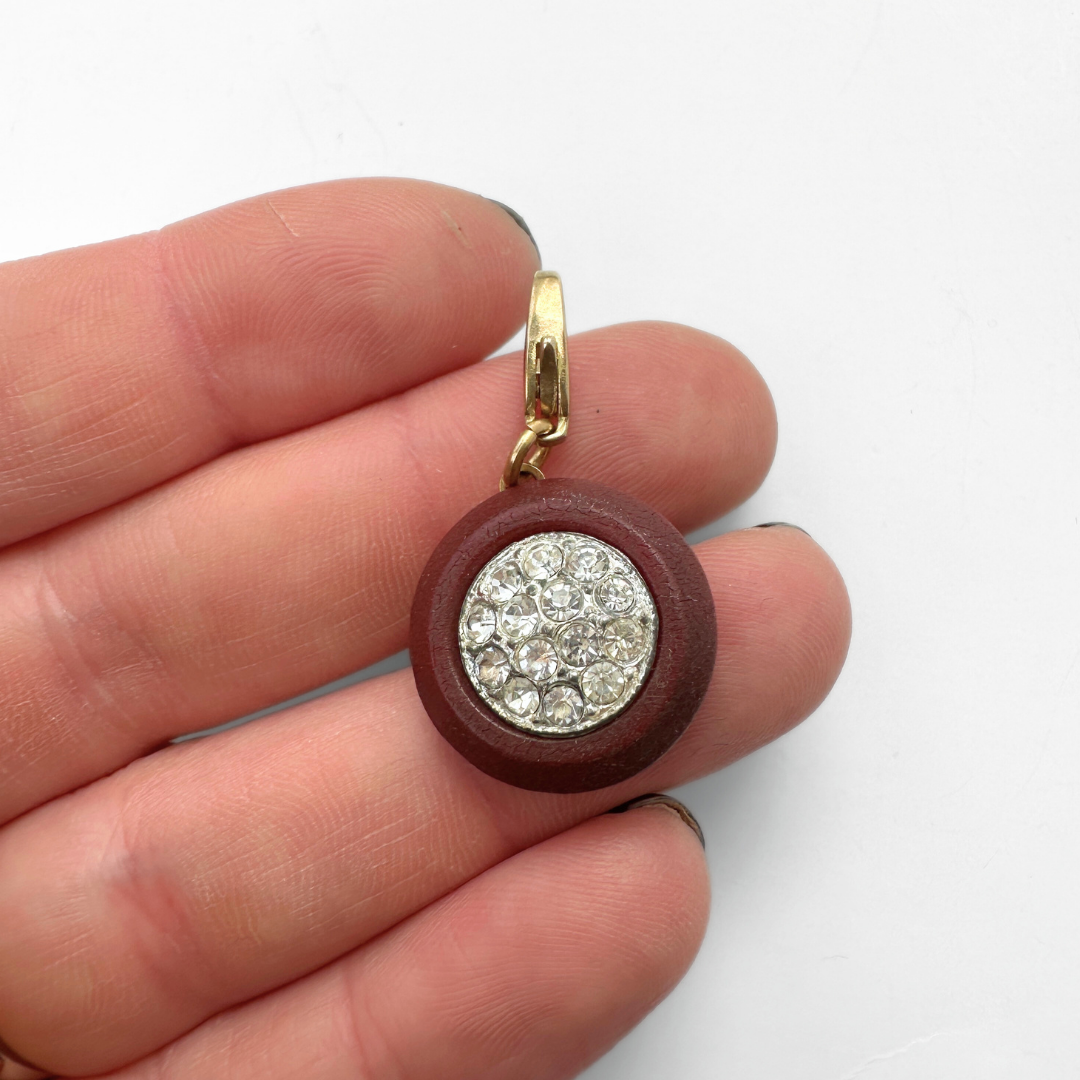 Vintage burgundy and rhinestonelayered button charm