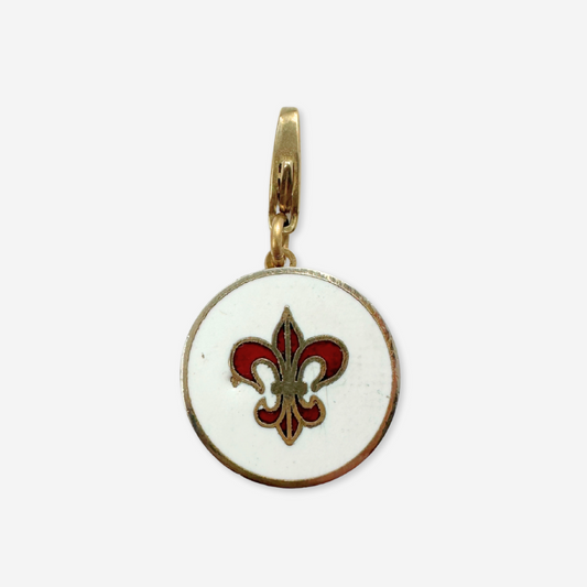 Vintage white and red enamel fleur de lis circular charm