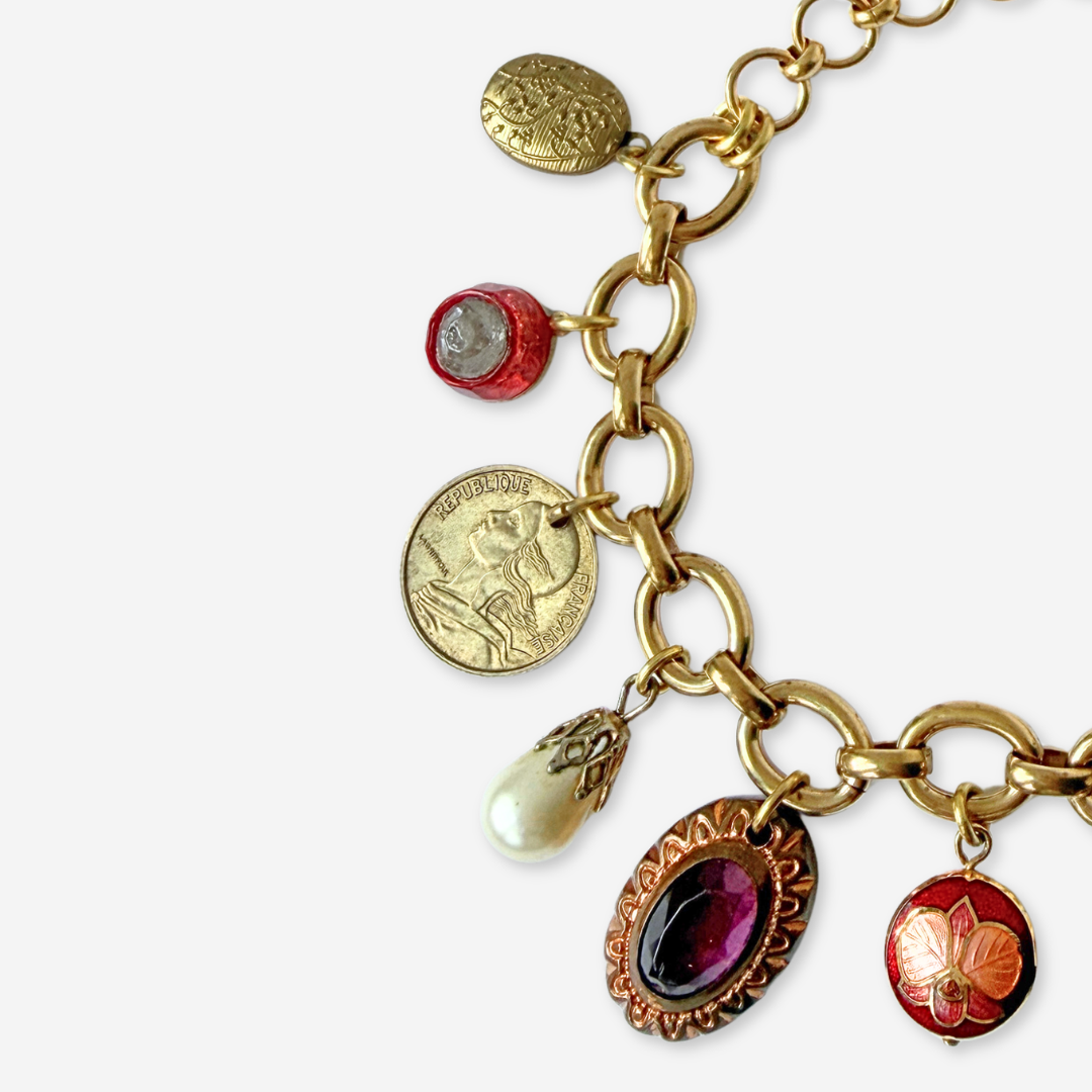 Chunky Repurposed vintage mixed charm bracelet: burgundy