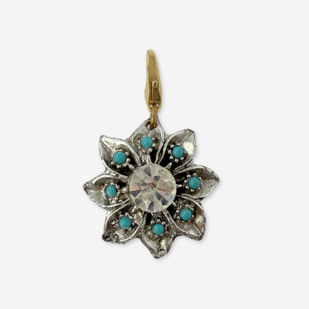 Vintage silver, clear rhinestone, and turquoise flower charm