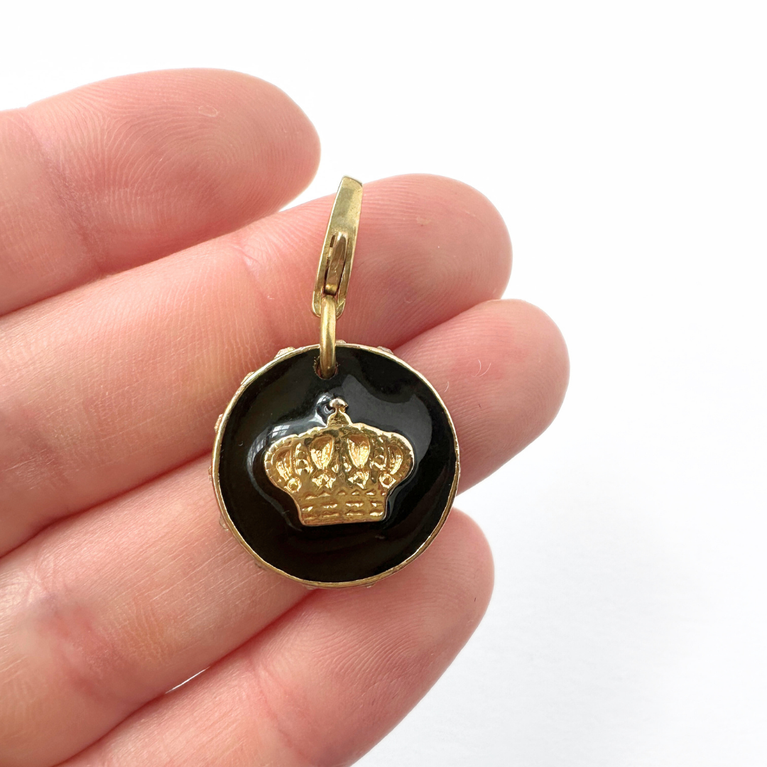 Vintage black enamel and gold crown button charm