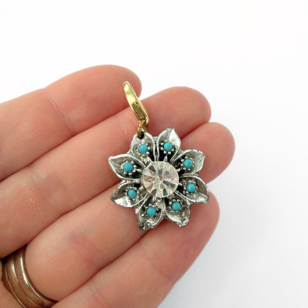 Vintage silver, clear rhinestone, and turquoise flower charm