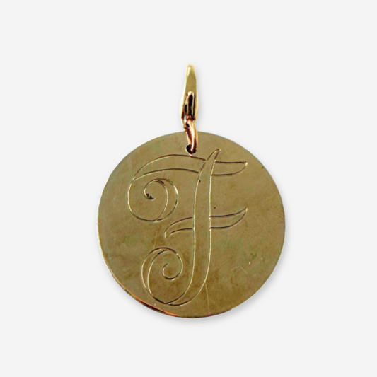 Large vintage gold plated circular "F" monogram charm