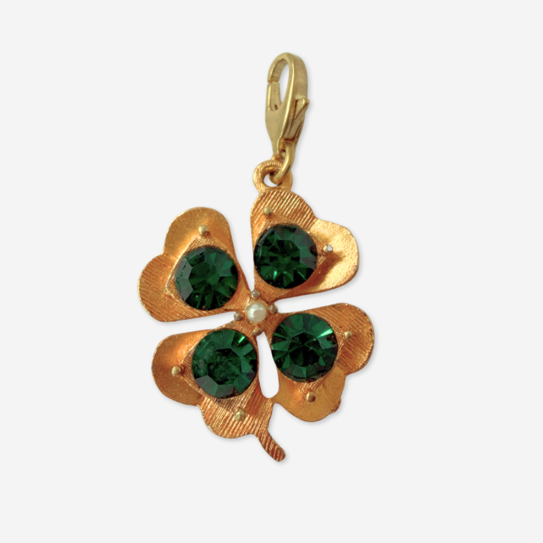 Large vintage gold and green rhinestone clover charm