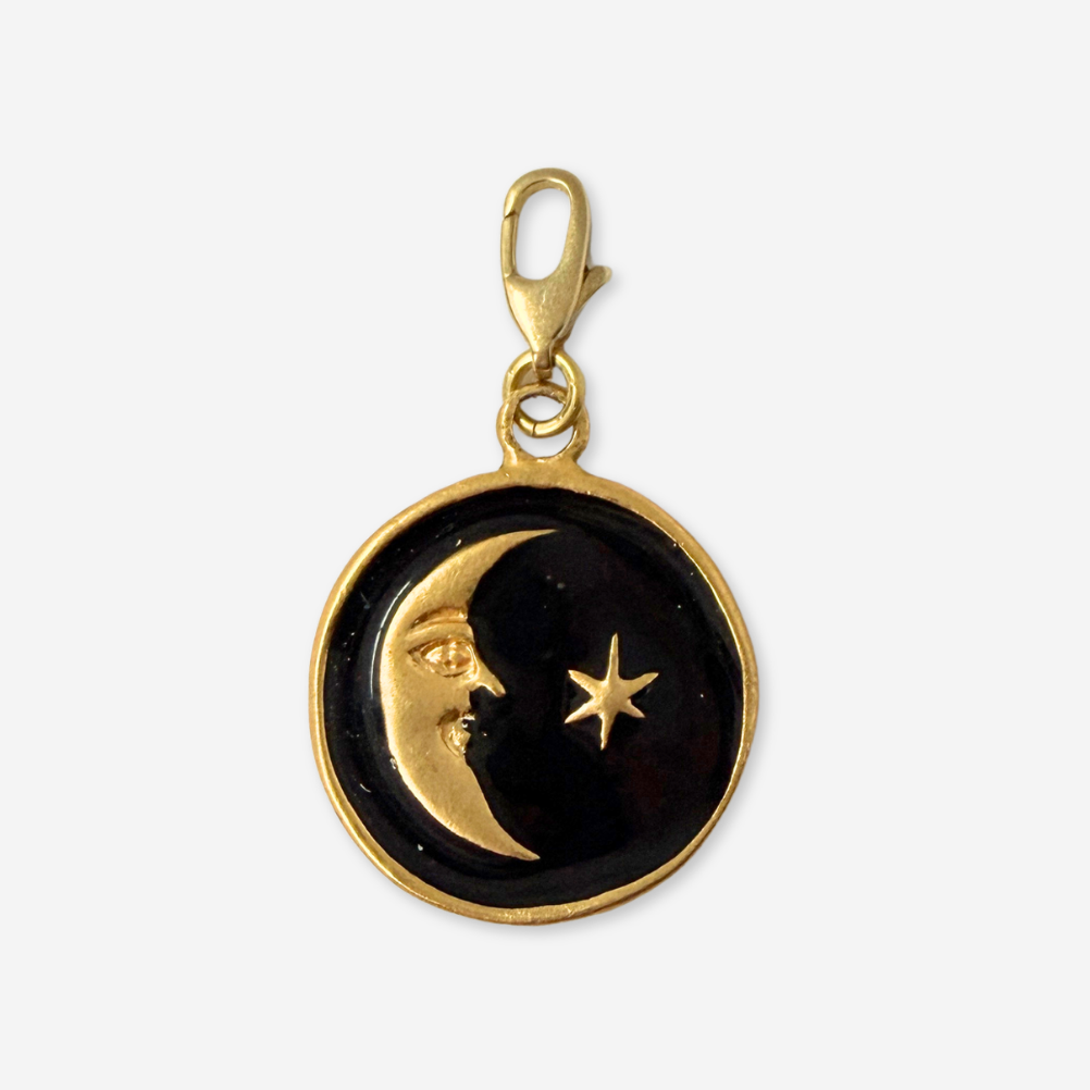 Refashioned vintage gold and black enamel moon and star charm