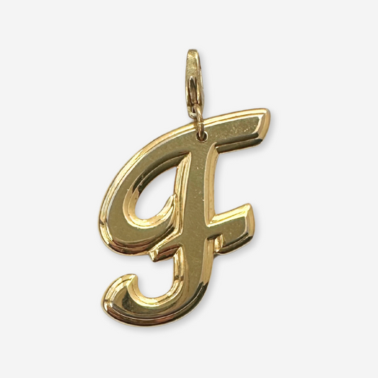 Large vintage shiny gold cursive "F" charm