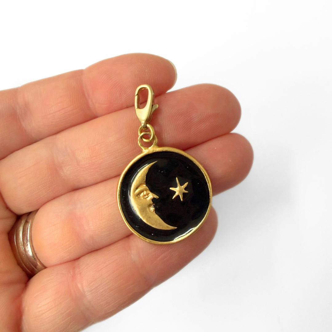 Refashioned vintage gold and black enamel moon and star charm