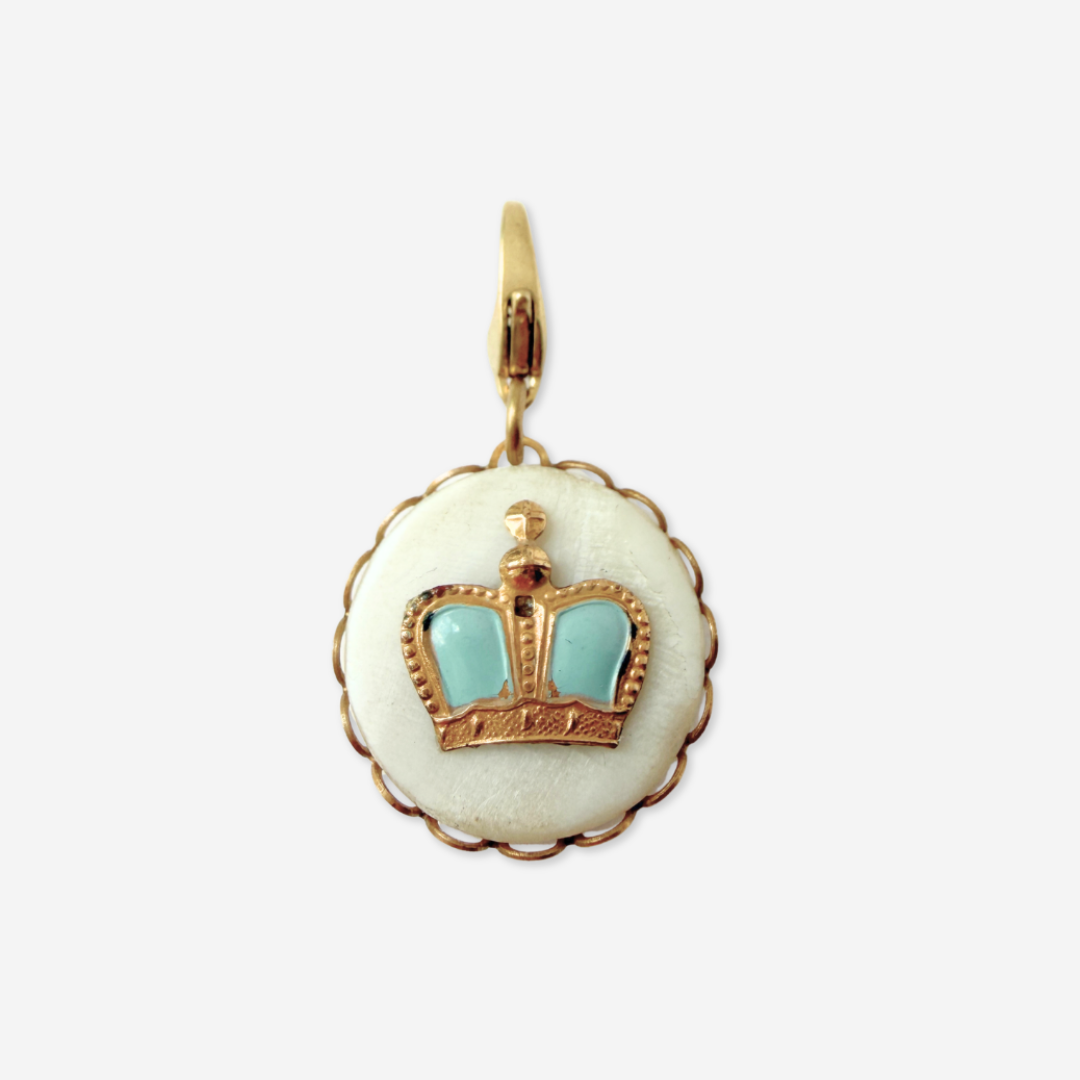 Vintage mother of pearl and baby blue enamel crown button charm