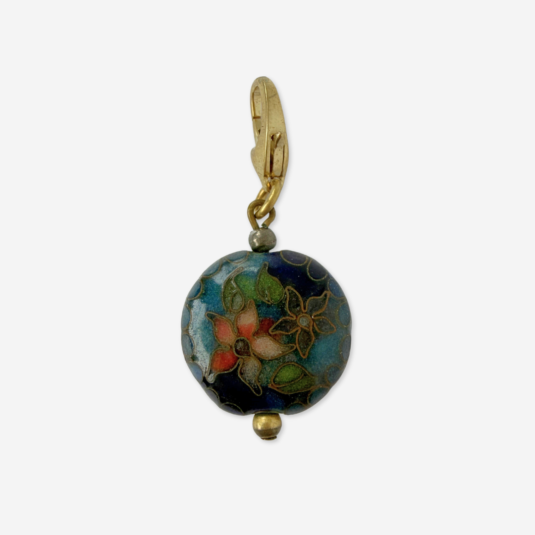 Vintage dark blue floral cloisonné circular bead charm