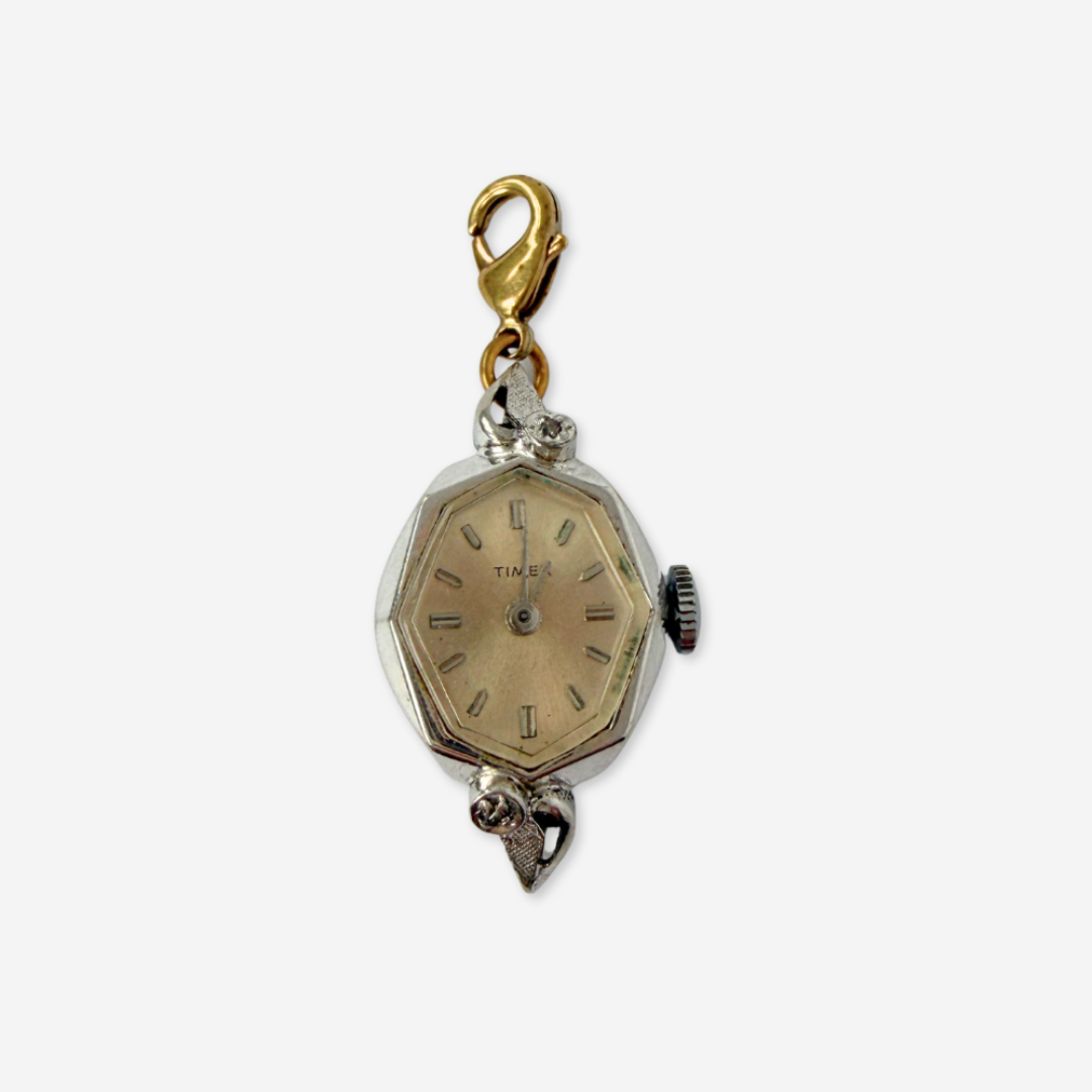 Vintage silver tone  "Timex" watch face charm