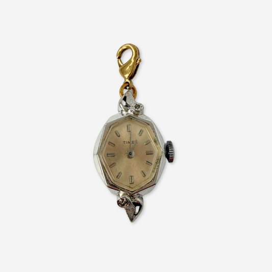 Vintage silver tone  "Timex" watch face charm