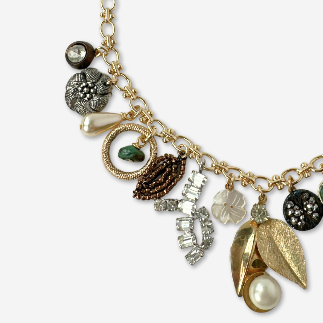 Repurposed vintage rhinestone charm necklace on gold plated chain