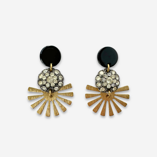 Refashioned vintage clear rhinestone earrings with brass sunburst fan and black post