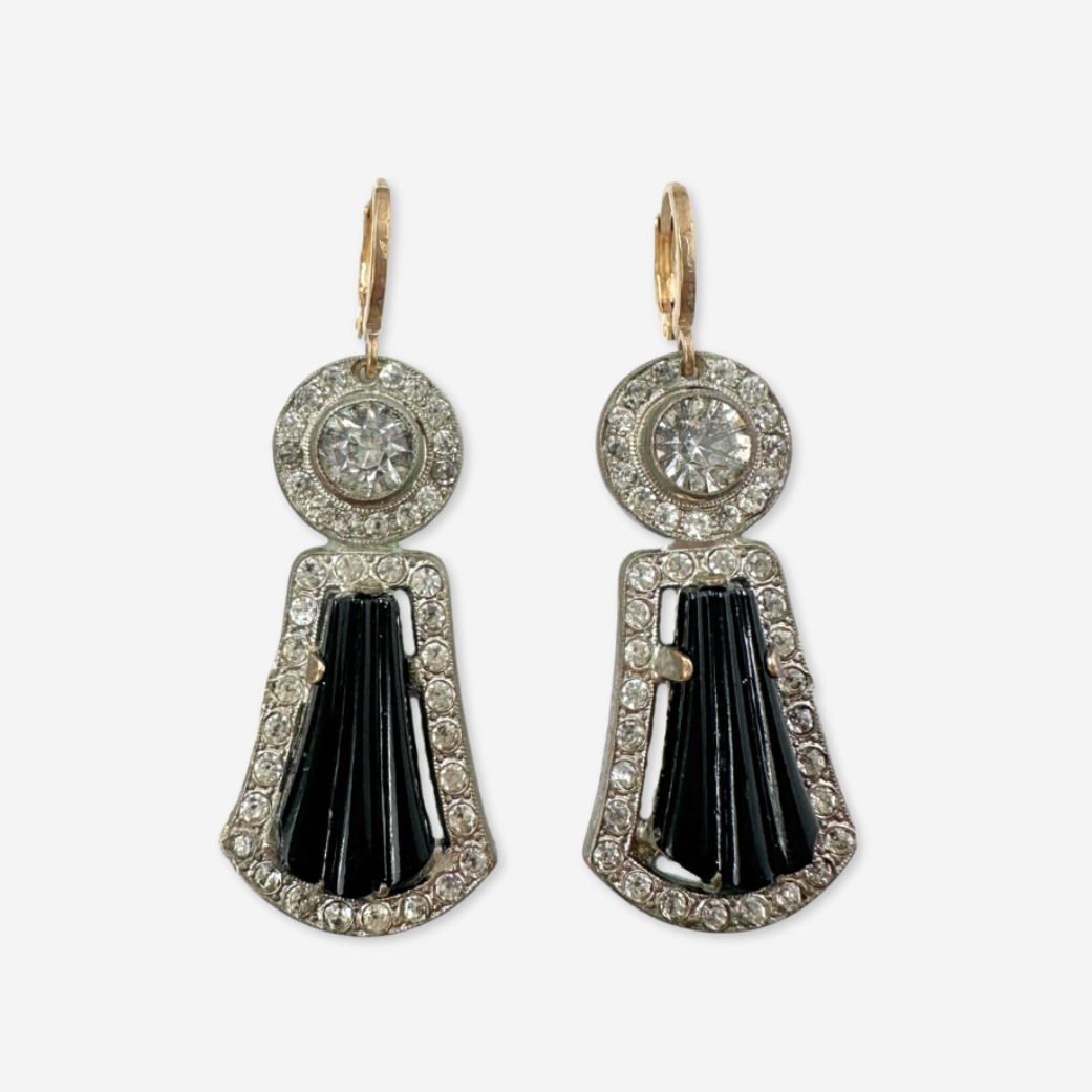 Refashioned art deco vintage black glass and clear rhinestone earrings