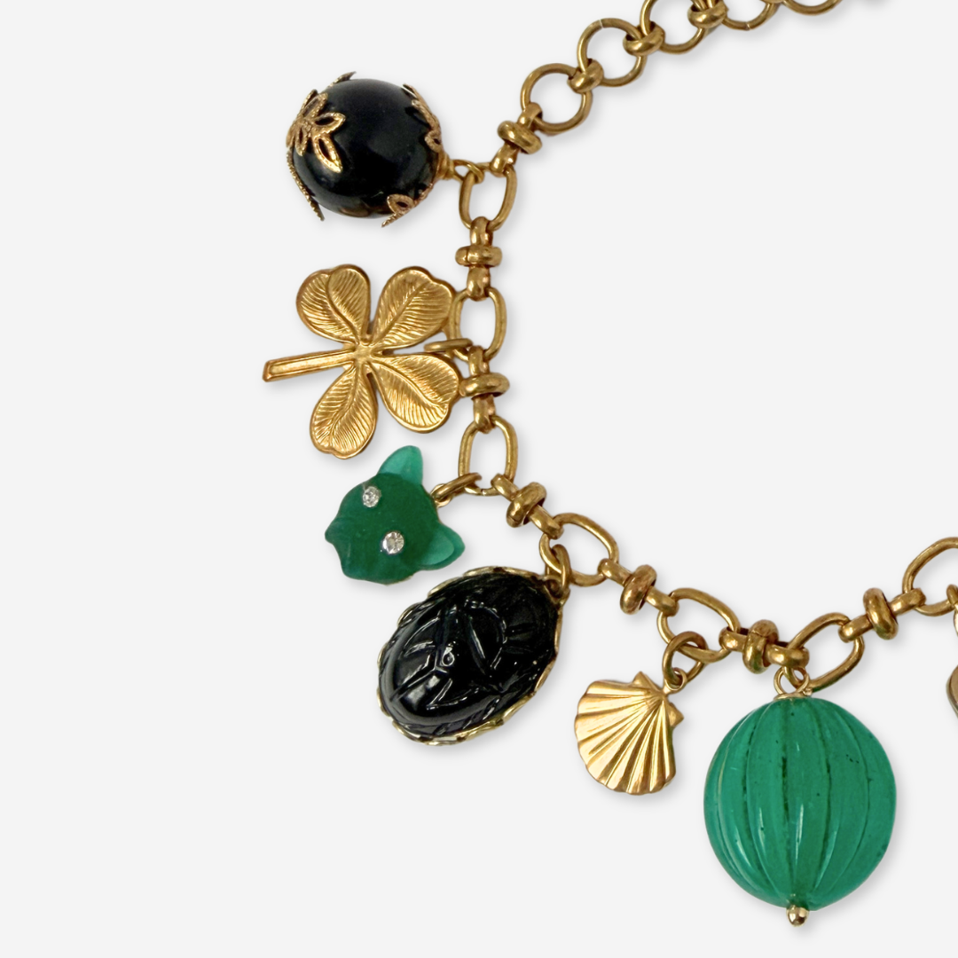 Repurposed vintage mixed charm bracelet: green/ black