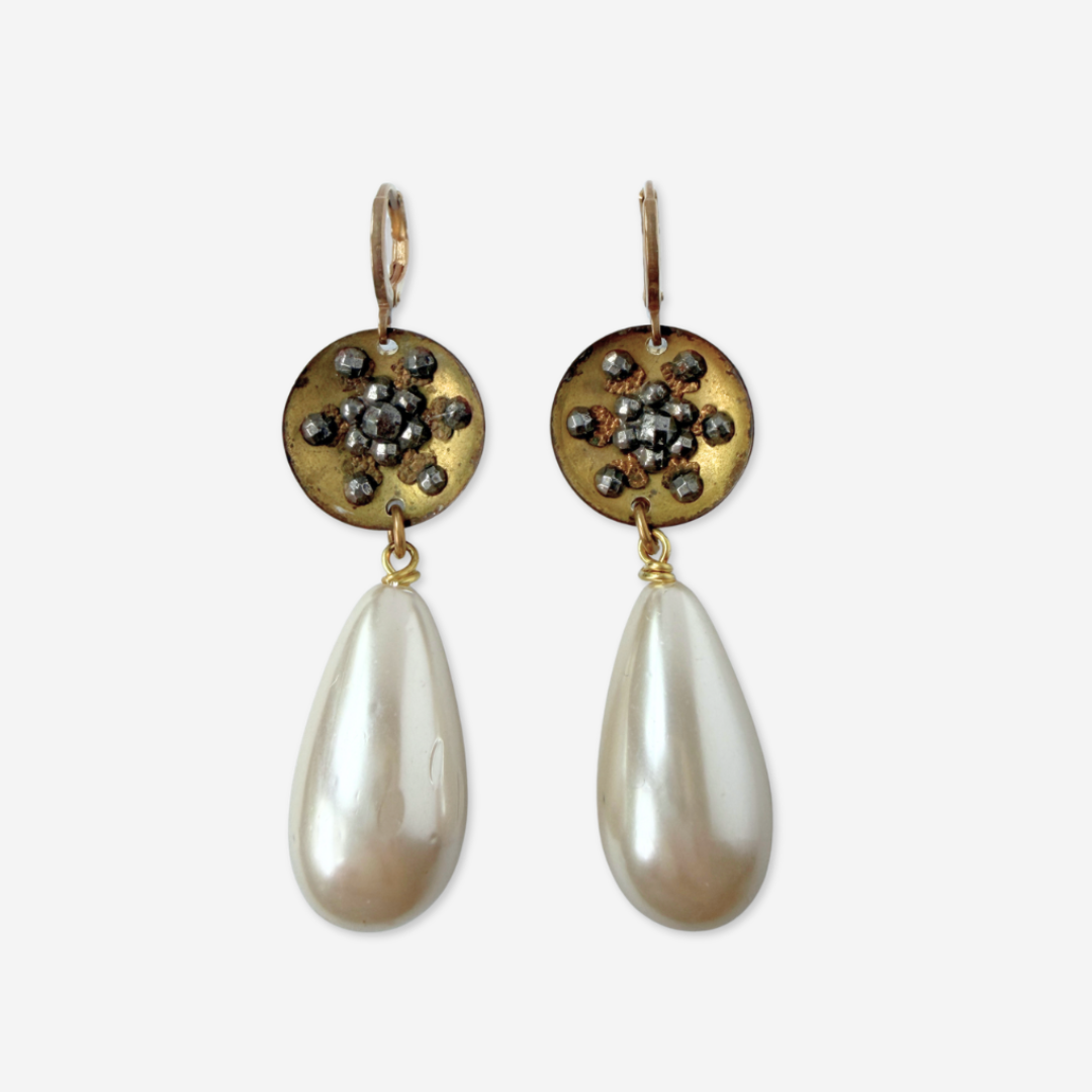 Refashioned antique steel cut button and pearl teardrop earrings