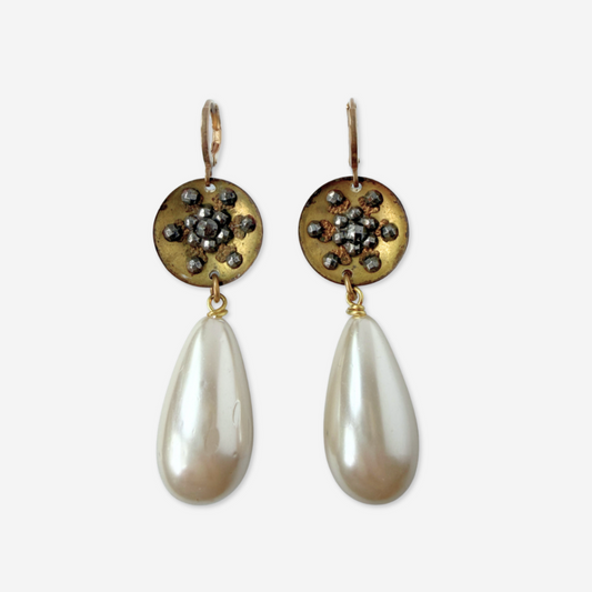 Refashioned antique steel cut button and pearl teardrop earrings
