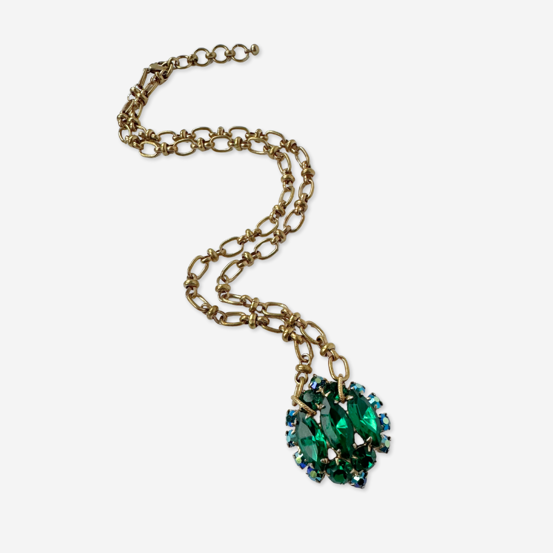 Refashioned vintage emerald green rhinestone pendant with brass chain