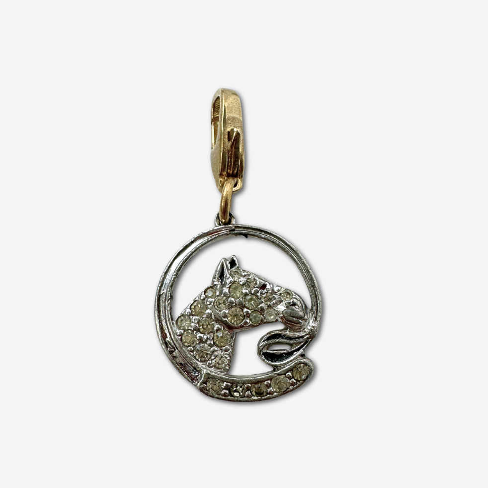 Vintage clear rhinestone circular horse head charm