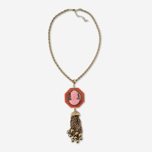 Pink and orange bakelite refashioned vintage layered cameo pendant tassel necklace