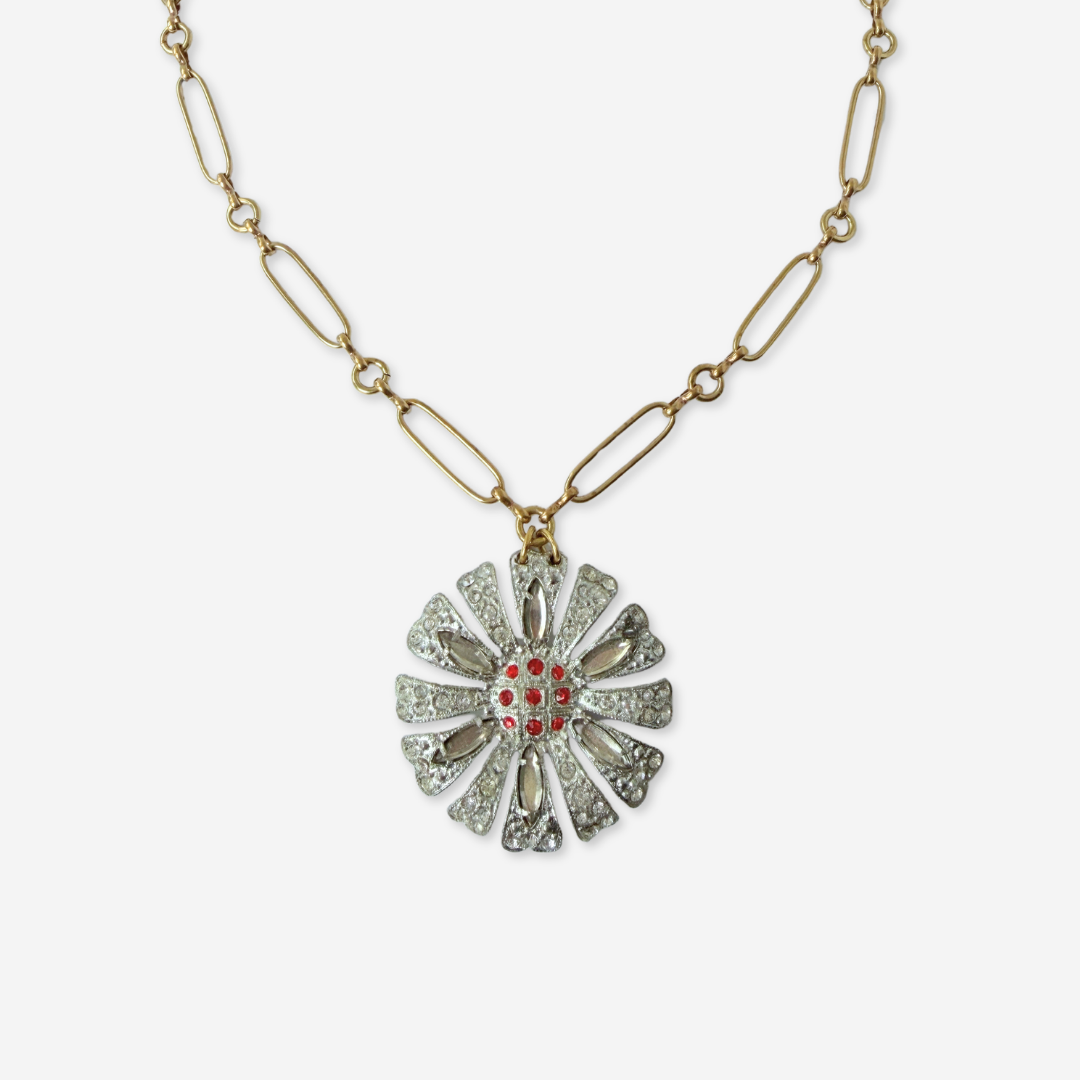 Vintage clear and red rhinestone flower pendant with brass chain