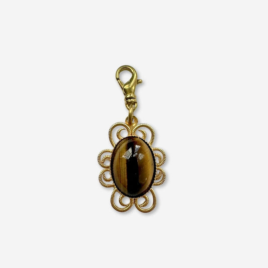 Vintage tigers eye oval charm with gold filigree setting