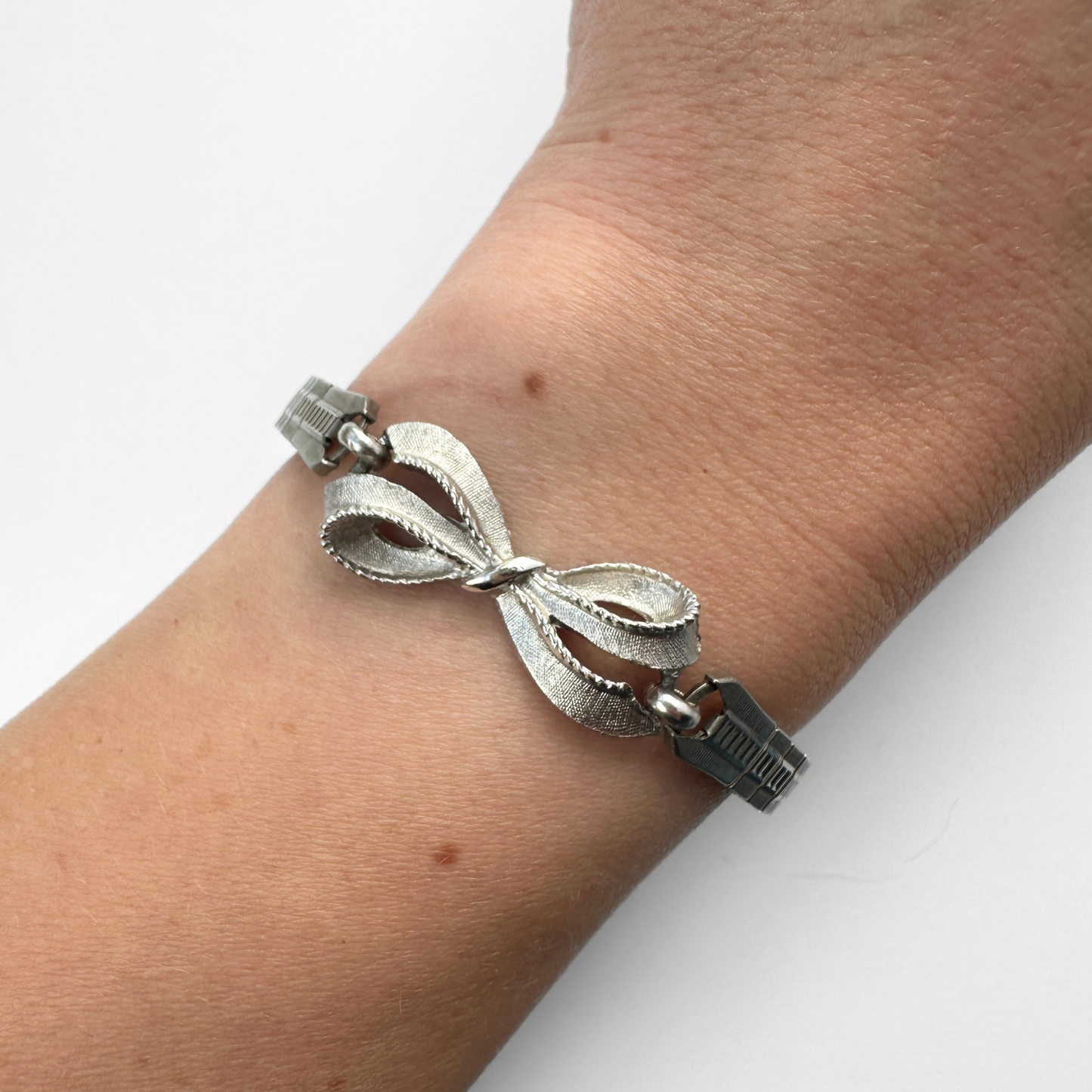 Refashioned vintage silver bow stretch watch band bracelet